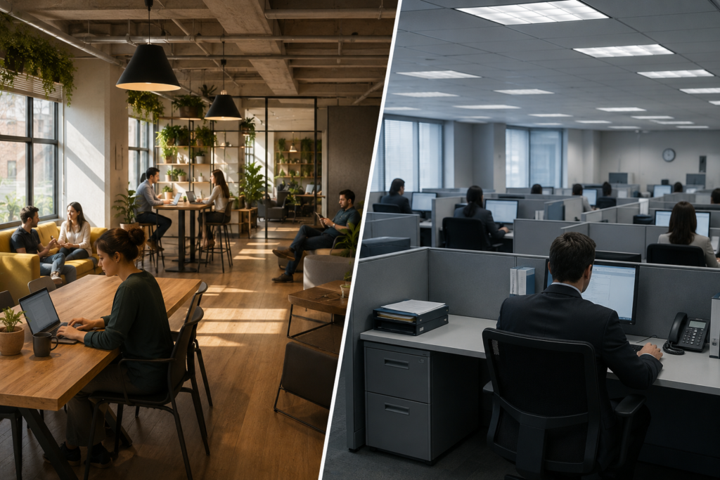 Comparativa visual entre un coworking en San Pedro con espacios modernos y una oficina tradicional con cubículos y ambiente corporativo.