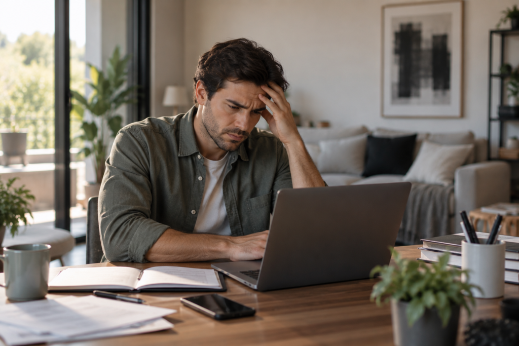 Profesional trabajando desde casa con expresión de frustración, mostrando la necesidad de un espacio más adecuado como una oficina por hora en San Pedro.