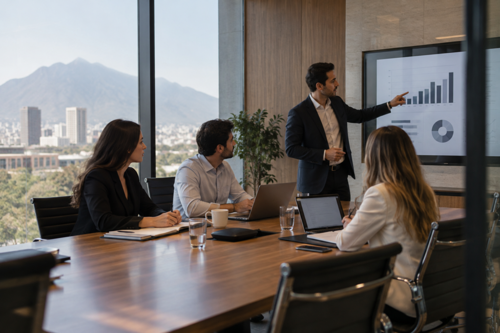 Equipo de profesionales en una sala de juntas en San Pedro durante una reunión de trabajo con vista a la ciudad.