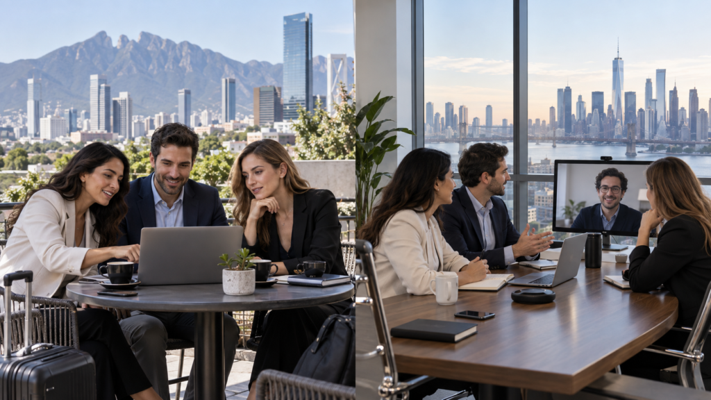 Equipo de trabajo reunido entre dos ciudades, mostrando una empresa dinámica con domicilio fiscal en San Pedro.