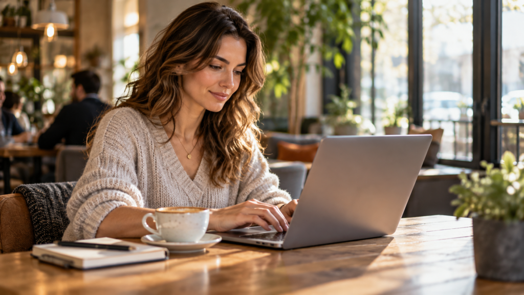 Persona trabajando con su laptop en una cafetería, con la flexibilidad de una oficina virtual en San Pedro.
