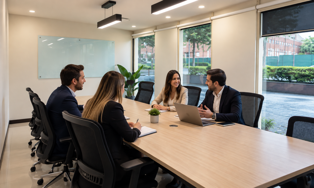 Reunión de negocios con clientes en una sala de juntas en San Pedro, con mesa de trabajo, sillas ejecutivas y un ambiente profesional.